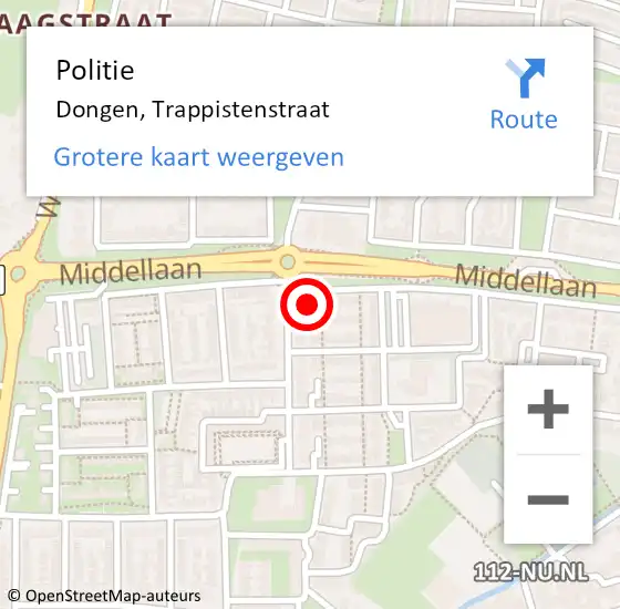 Locatie op kaart van de 112 melding: Politie Dongen, Trappistenstraat op 10 mei 2022 13:52