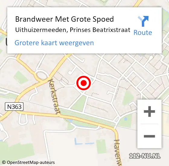 Locatie op kaart van de 112 melding: Brandweer Met Grote Spoed Naar Uithuizermeeden, Prinses Beatrixstraat op 10 mei 2022 15:30