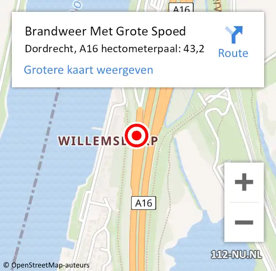 Locatie op kaart van de 112 melding: Brandweer Met Grote Spoed Naar Dordrecht, A16 hectometerpaal: 43,2 op 10 mei 2022 16:10