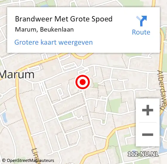 Locatie op kaart van de 112 melding: Brandweer Met Grote Spoed Naar Marum, Beukenlaan op 16 juli 2014 23:36