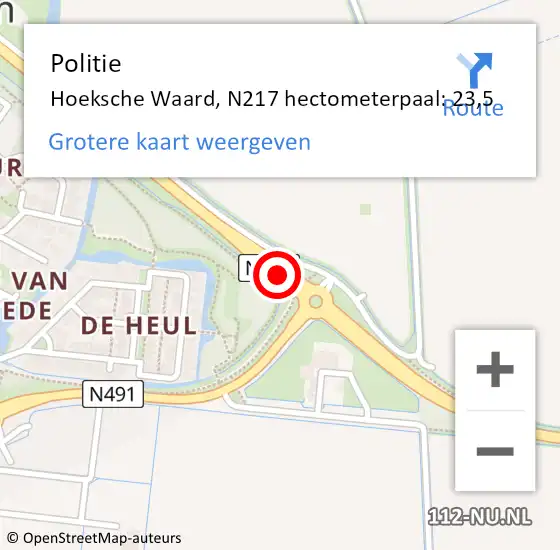 Locatie op kaart van de 112 melding: Politie Hoeksche Waard, N217 hectometerpaal: 23,5 op 10 mei 2022 16:31