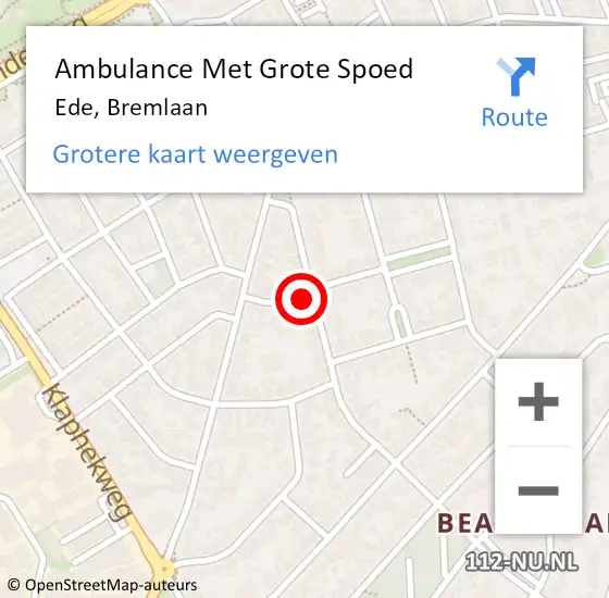 Locatie op kaart van de 112 melding: Ambulance Met Grote Spoed Naar Ede, Bremlaan op 10 mei 2022 17:12