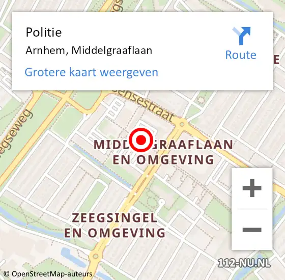 Locatie op kaart van de 112 melding: Politie Arnhem, Middelgraaflaan op 10 mei 2022 17:25