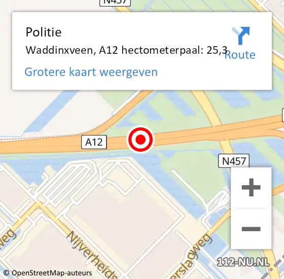 Locatie op kaart van de 112 melding: Politie Waddinxveen, A12 hectometerpaal: 25,3 op 10 mei 2022 18:25