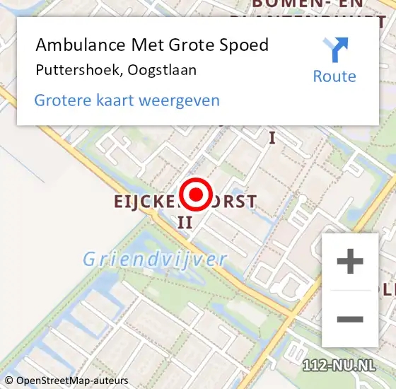 Locatie op kaart van de 112 melding: Ambulance Met Grote Spoed Naar Puttershoek, Oogstlaan op 10 mei 2022 18:38