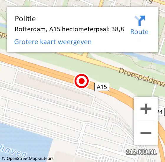 Locatie op kaart van de 112 melding: Politie Rotterdam, A15 hectometerpaal: 38,8 op 10 mei 2022 20:17