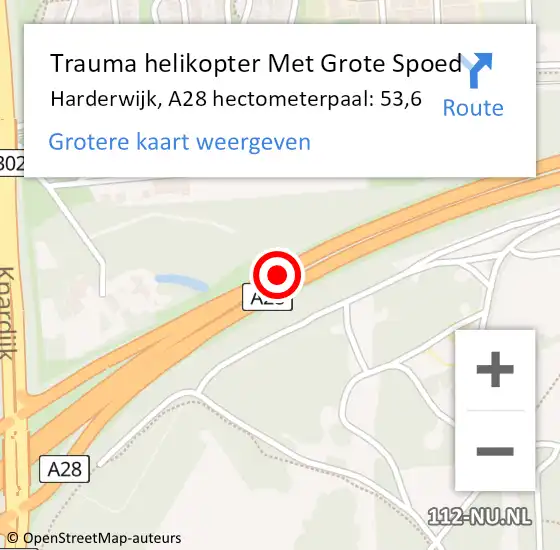 Locatie op kaart van de 112 melding: Trauma helikopter Met Grote Spoed Naar Harderwijk, A28 hectometerpaal: 53,6 op 11 mei 2022 00:16