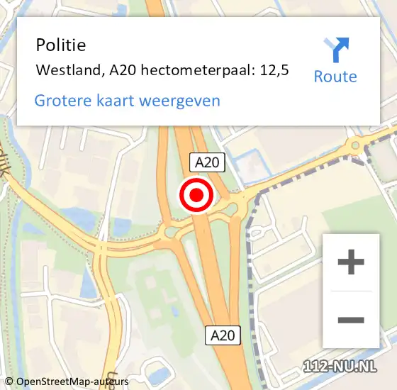 Locatie op kaart van de 112 melding: Politie Westland, A20 hectometerpaal: 12,5 op 11 mei 2022 06:47