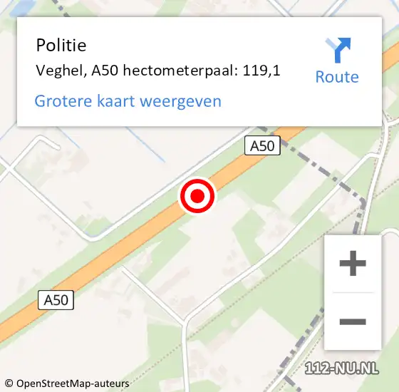 Locatie op kaart van de 112 melding: Politie Veghel, A50 hectometerpaal: 119,1 op 11 mei 2022 07:56