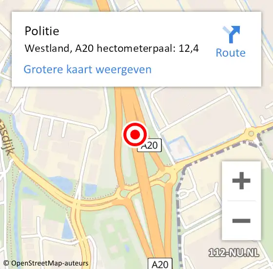 Locatie op kaart van de 112 melding: Politie Westland, A20 hectometerpaal: 12,4 op 11 mei 2022 09:03