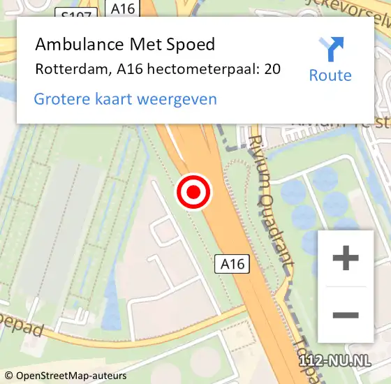 Locatie op kaart van de 112 melding: Ambulance Met Spoed Naar Rotterdam, A16 hectometerpaal: 20 op 11 mei 2022 09:56