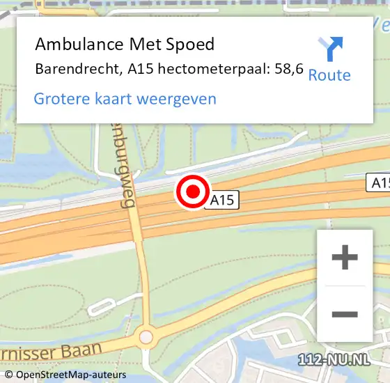 Locatie op kaart van de 112 melding: Ambulance Met Spoed Naar Barendrecht, A15 hectometerpaal: 58,6 op 11 mei 2022 12:28