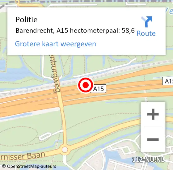 Locatie op kaart van de 112 melding: Politie Barendrecht, A15 hectometerpaal: 58,6 op 11 mei 2022 12:29