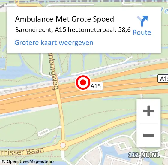 Locatie op kaart van de 112 melding: Ambulance Met Grote Spoed Naar Barendrecht, A15 hectometerpaal: 58,6 op 11 mei 2022 12:33