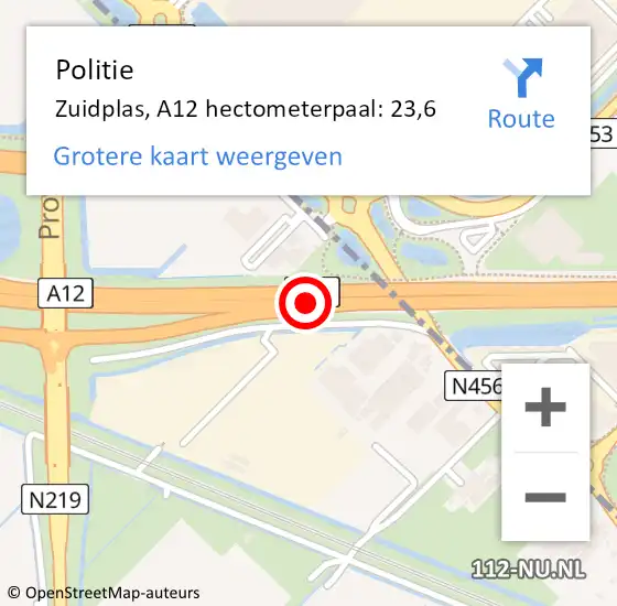 Locatie op kaart van de 112 melding: Politie Zuidplas, A12 hectometerpaal: 23,6 op 11 mei 2022 12:50