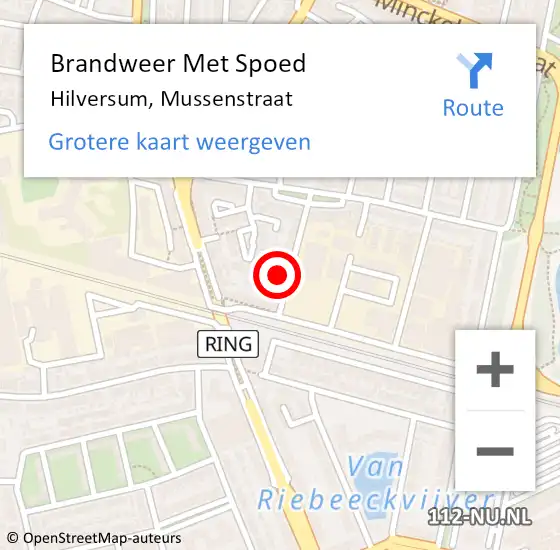 Locatie op kaart van de 112 melding: Brandweer Met Spoed Naar Hilversum, Mussenstraat op 11 mei 2022 13:11