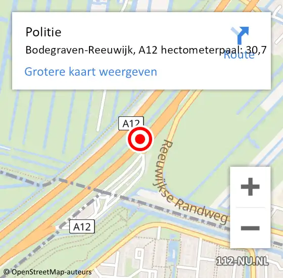 Locatie op kaart van de 112 melding: Politie Bodegraven-Reeuwijk, A12 hectometerpaal: 30,7 op 11 mei 2022 13:17