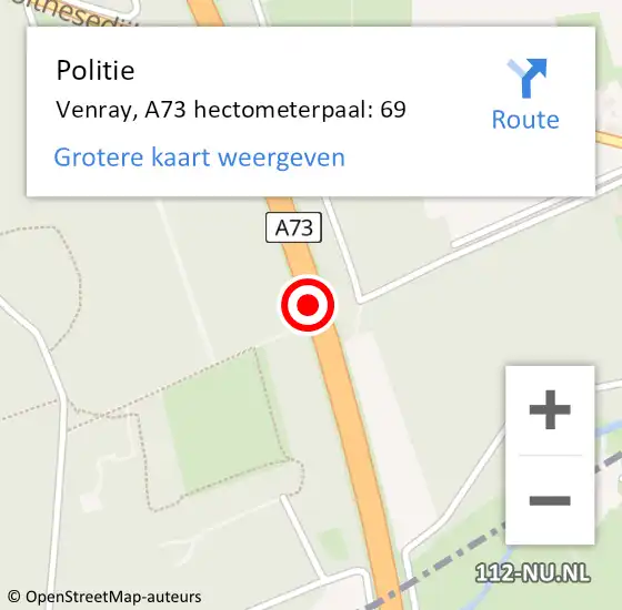 Locatie op kaart van de 112 melding: Politie Venray, A73 hectometerpaal: 69 op 11 mei 2022 14:54