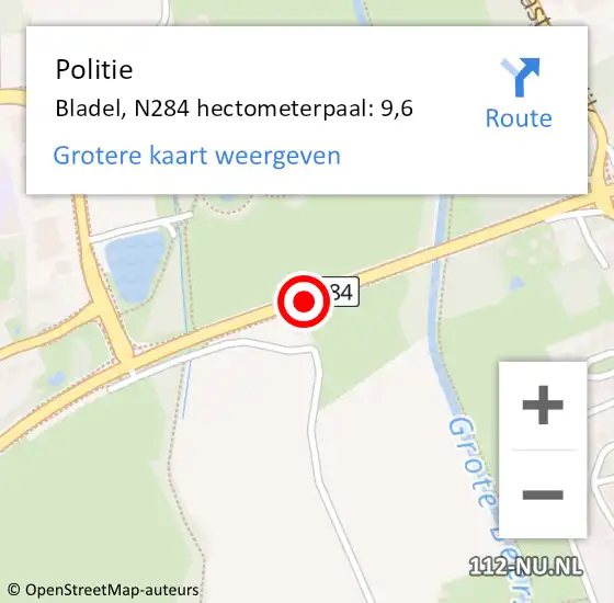 Locatie op kaart van de 112 melding: Politie Bladel, N284 hectometerpaal: 9,6 op 11 mei 2022 15:19