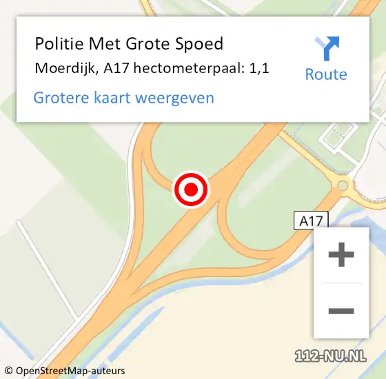 Locatie op kaart van de 112 melding: Politie Met Grote Spoed Naar Moerdijk, A17 hectometerpaal: 1,1 op 11 mei 2022 17:45