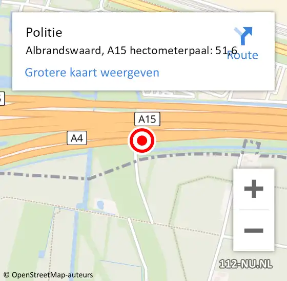 Locatie op kaart van de 112 melding: Politie Albrandswaard, A15 hectometerpaal: 51,6 op 11 mei 2022 17:54