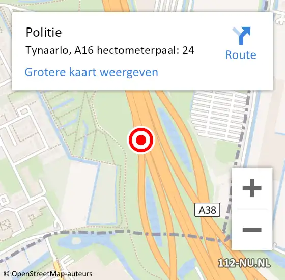 Locatie op kaart van de 112 melding: Politie Tynaarlo, A16 hectometerpaal: 24 op 11 mei 2022 18:13