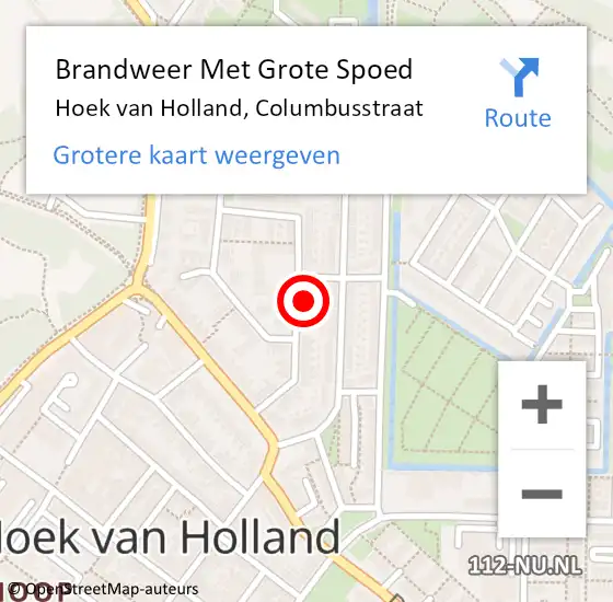 Locatie op kaart van de 112 melding: Brandweer Met Grote Spoed Naar Hoek van Holland, Columbusstraat op 11 mei 2022 18:29