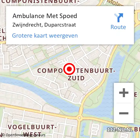 Locatie op kaart van de 112 melding: Ambulance Met Spoed Naar Zwijndrecht, Duparcstraat op 11 mei 2022 18:57