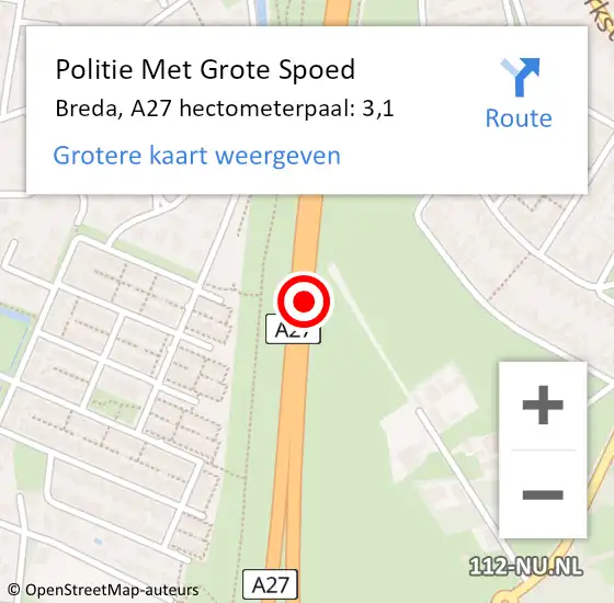 Locatie op kaart van de 112 melding: Politie Met Grote Spoed Naar Breda, A27 hectometerpaal: 3,1 op 11 mei 2022 19:22