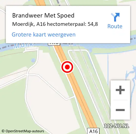 Locatie op kaart van de 112 melding: Brandweer Met Spoed Naar Moerdijk, A16 hectometerpaal: 54,8 op 11 mei 2022 19:47