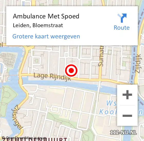 Locatie op kaart van de 112 melding: Ambulance Met Spoed Naar Leiden, Bloemstraat op 11 mei 2022 19:59