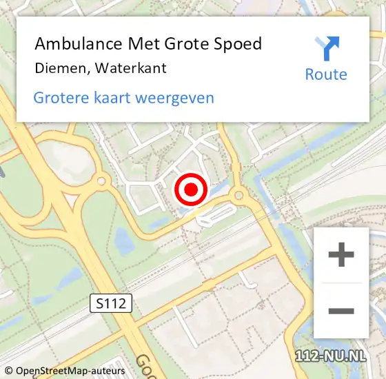 Locatie op kaart van de 112 melding: Ambulance Met Grote Spoed Naar Diemen, Waterkant op 11 mei 2022 21:39