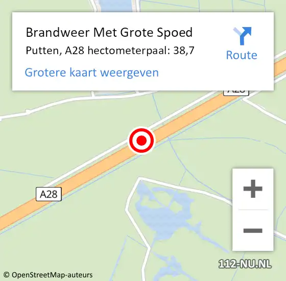 Locatie op kaart van de 112 melding: Brandweer Met Grote Spoed Naar Putten, A28 hectometerpaal: 38,7 op 11 mei 2022 22:23