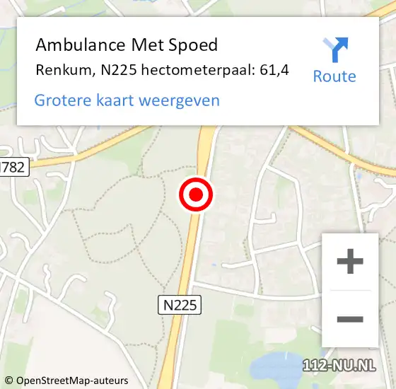 Locatie op kaart van de 112 melding: Ambulance Met Spoed Naar Renkum, N225 hectometerpaal: 61,4 op 11 mei 2022 23:44