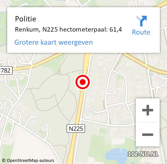 Locatie op kaart van de 112 melding: Politie Renkum, N225 hectometerpaal: 61,4 op 11 mei 2022 23:47