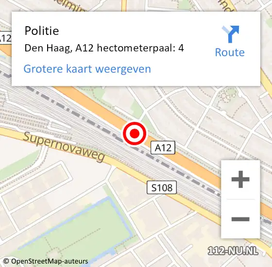 Locatie op kaart van de 112 melding: Politie Den Haag, A12 hectometerpaal: 4 op 12 mei 2022 00:56