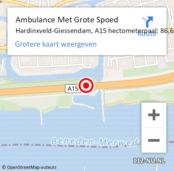 Locatie op kaart van de 112 melding: Ambulance Met Grote Spoed Naar Hardinxveld-Giessendam, A15 hectometerpaal: 86,6 op 12 mei 2022 05:57