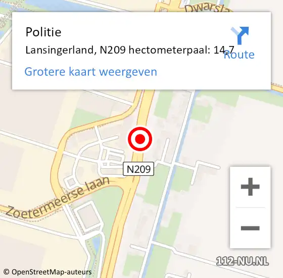 Locatie op kaart van de 112 melding: Politie Lansingerland, N209 hectometerpaal: 14,7 op 12 mei 2022 06:14