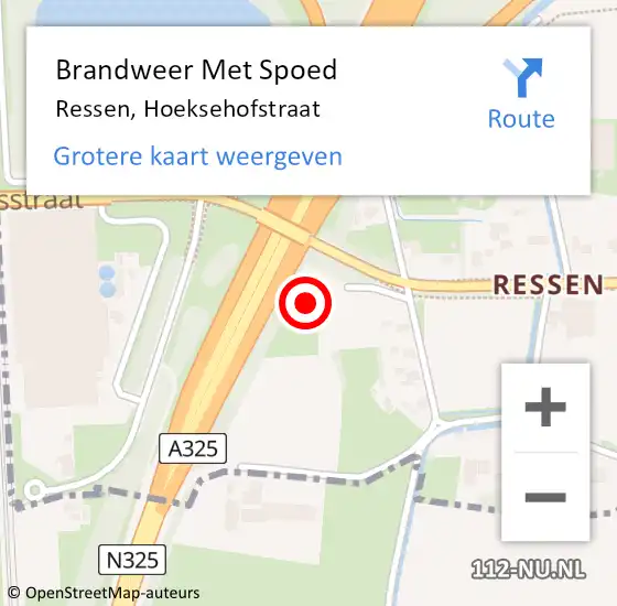 Locatie op kaart van de 112 melding: Brandweer Met Spoed Naar Ressen, Hoeksehofstraat op 12 mei 2022 06:46