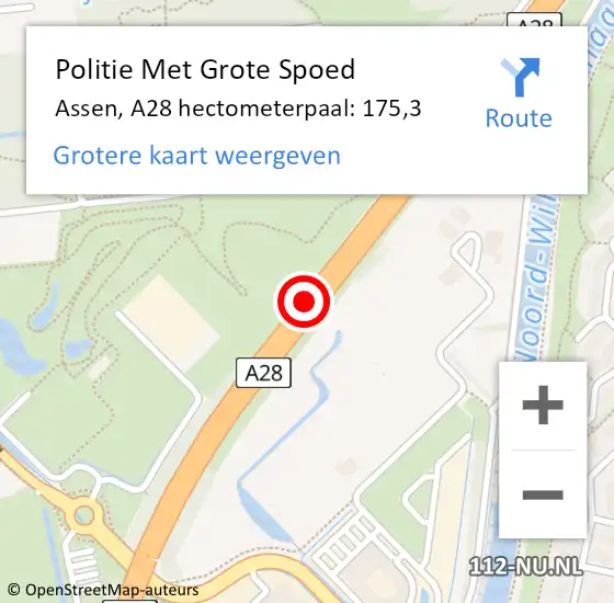 Locatie op kaart van de 112 melding: Politie Met Grote Spoed Naar Assen, A28 hectometerpaal: 175,3 op 12 mei 2022 07:03