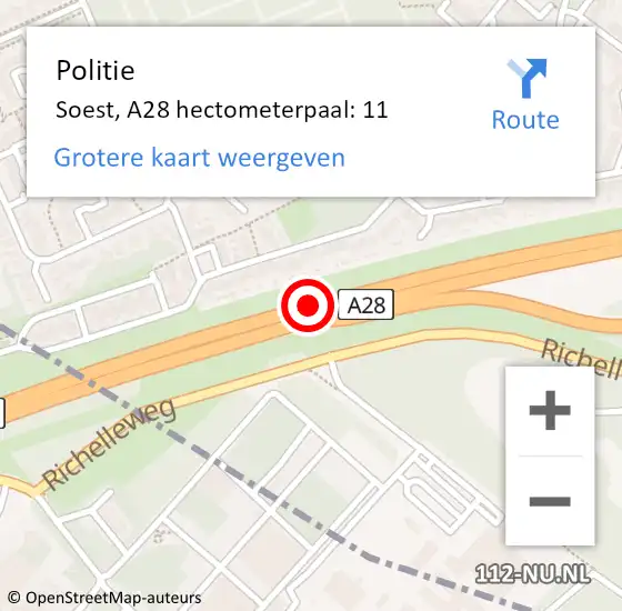 Locatie op kaart van de 112 melding: Politie Soest, A28 hectometerpaal: 11 op 12 mei 2022 07:26