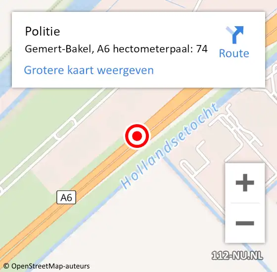 Locatie op kaart van de 112 melding: Politie Gemert-Bakel, A6 hectometerpaal: 74 op 12 mei 2022 07:30