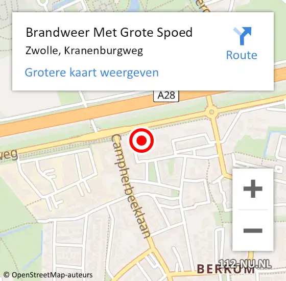 Locatie op kaart van de 112 melding: Brandweer Met Grote Spoed Naar Zwolle, Kranenburgweg op 12 mei 2022 09:07