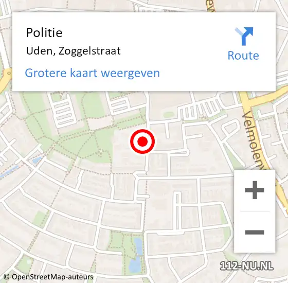 Locatie op kaart van de 112 melding: Politie Uden, Zoggelstraat op 12 mei 2022 11:36