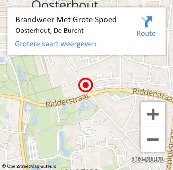 Locatie op kaart van de 112 melding: Brandweer Met Grote Spoed Naar Oosterhout, De Burcht op 12 mei 2022 11:49