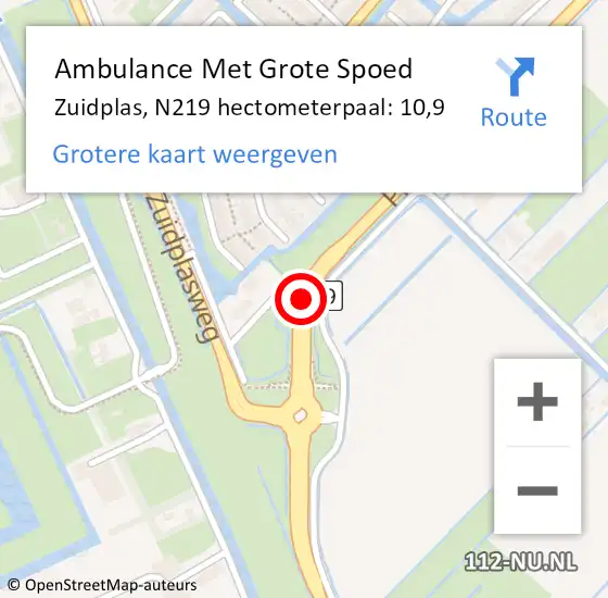 Locatie op kaart van de 112 melding: Ambulance Met Grote Spoed Naar Zuidplas, N219 hectometerpaal: 10,9 op 12 mei 2022 12:40