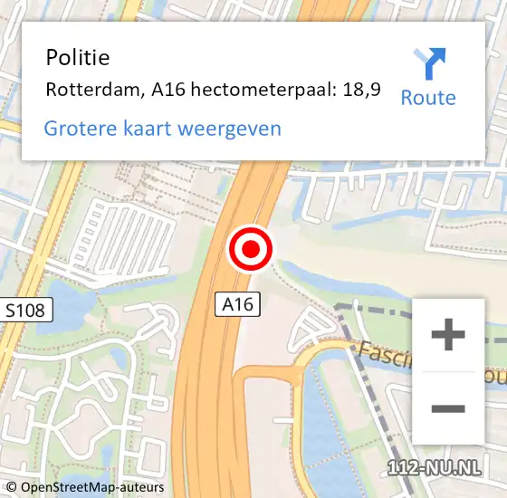 Locatie op kaart van de 112 melding: Politie Rotterdam, A16 hectometerpaal: 18,9 op 12 mei 2022 15:24