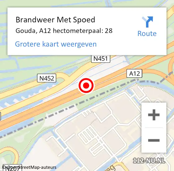 Locatie op kaart van de 112 melding: Brandweer Met Spoed Naar Gouda, A12 hectometerpaal: 28 op 12 mei 2022 16:05