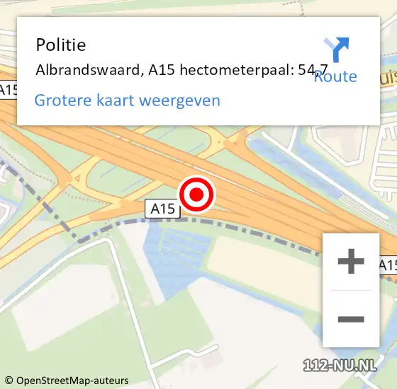 Locatie op kaart van de 112 melding: Politie Albrandswaard, A15 hectometerpaal: 54,7 op 12 mei 2022 16:12