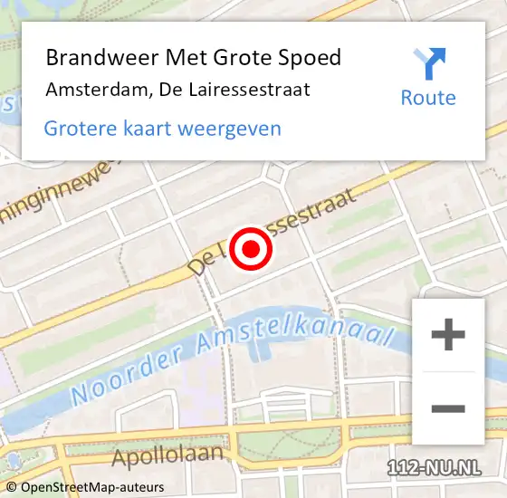 Locatie op kaart van de 112 melding: Brandweer Met Grote Spoed Naar Amsterdam, De Lairessestraat op 12 mei 2022 16:20